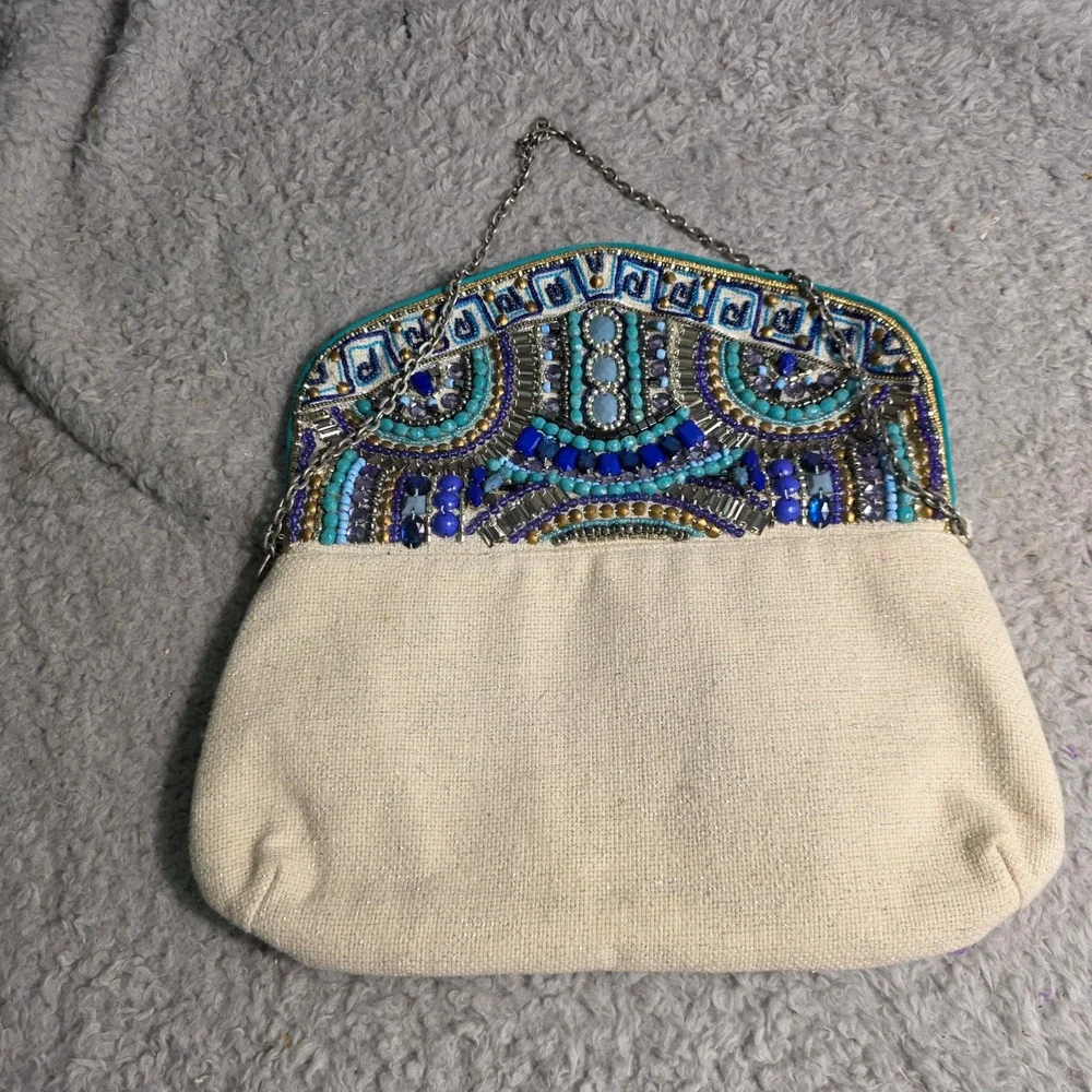 Chico's Clutch Bag‎ Beige Blue Beaded Turquoise Green Coastal Bohemian Purse